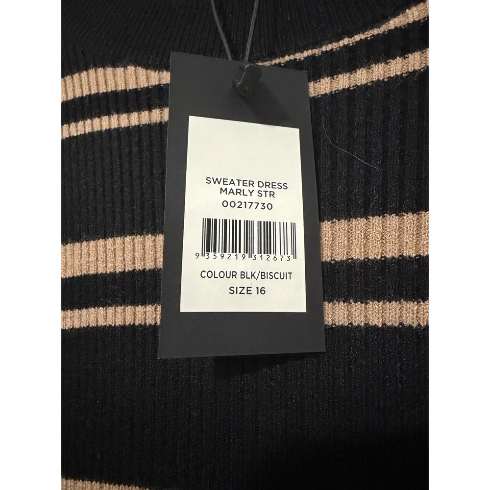 Arna‎ York Collection Marly STR Sweater Dress Black Biscuit Striped Midi Size 16 - Picture 3 of 4